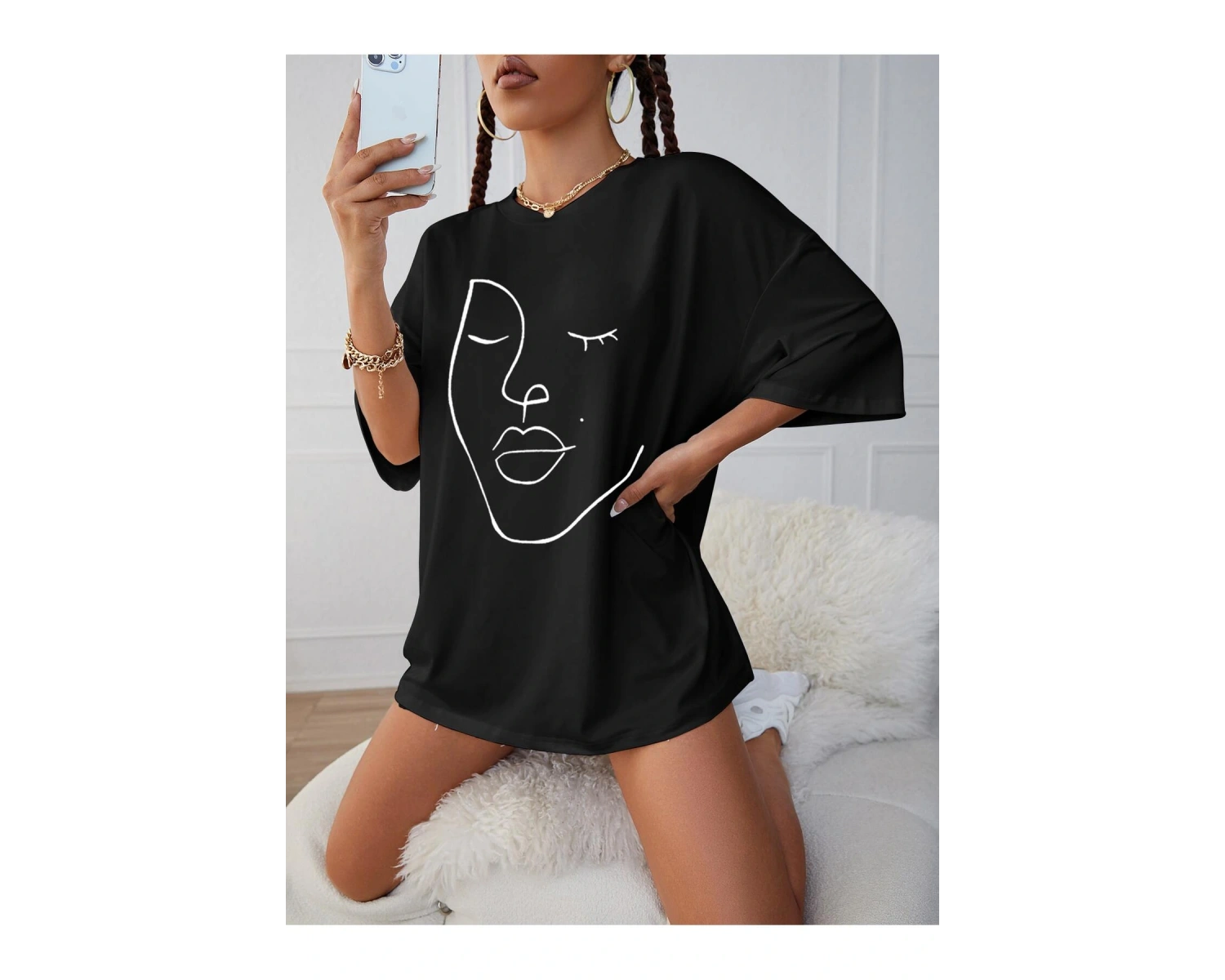 Soyut Şekil Grafik Düşük Omuz Büyük Boy Tişört