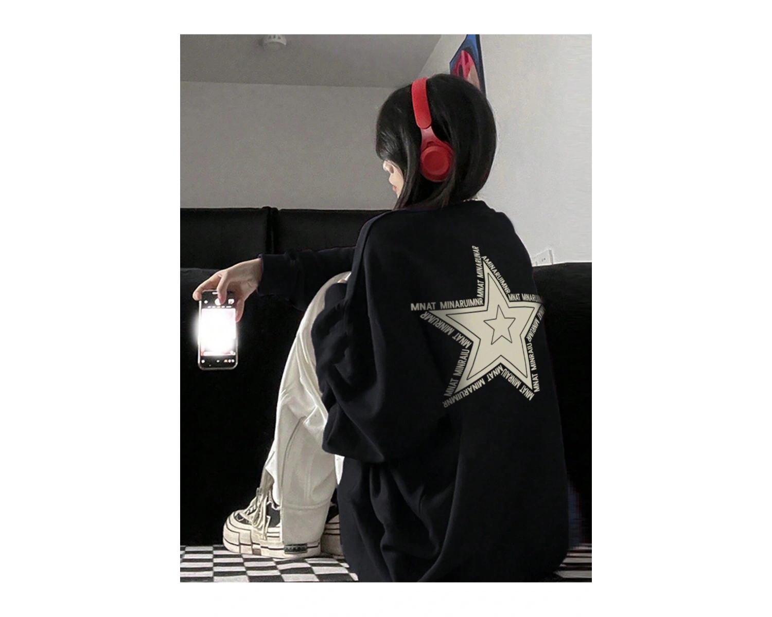 Star Pattern Drop Shoulder Oversized Pullover Siyah