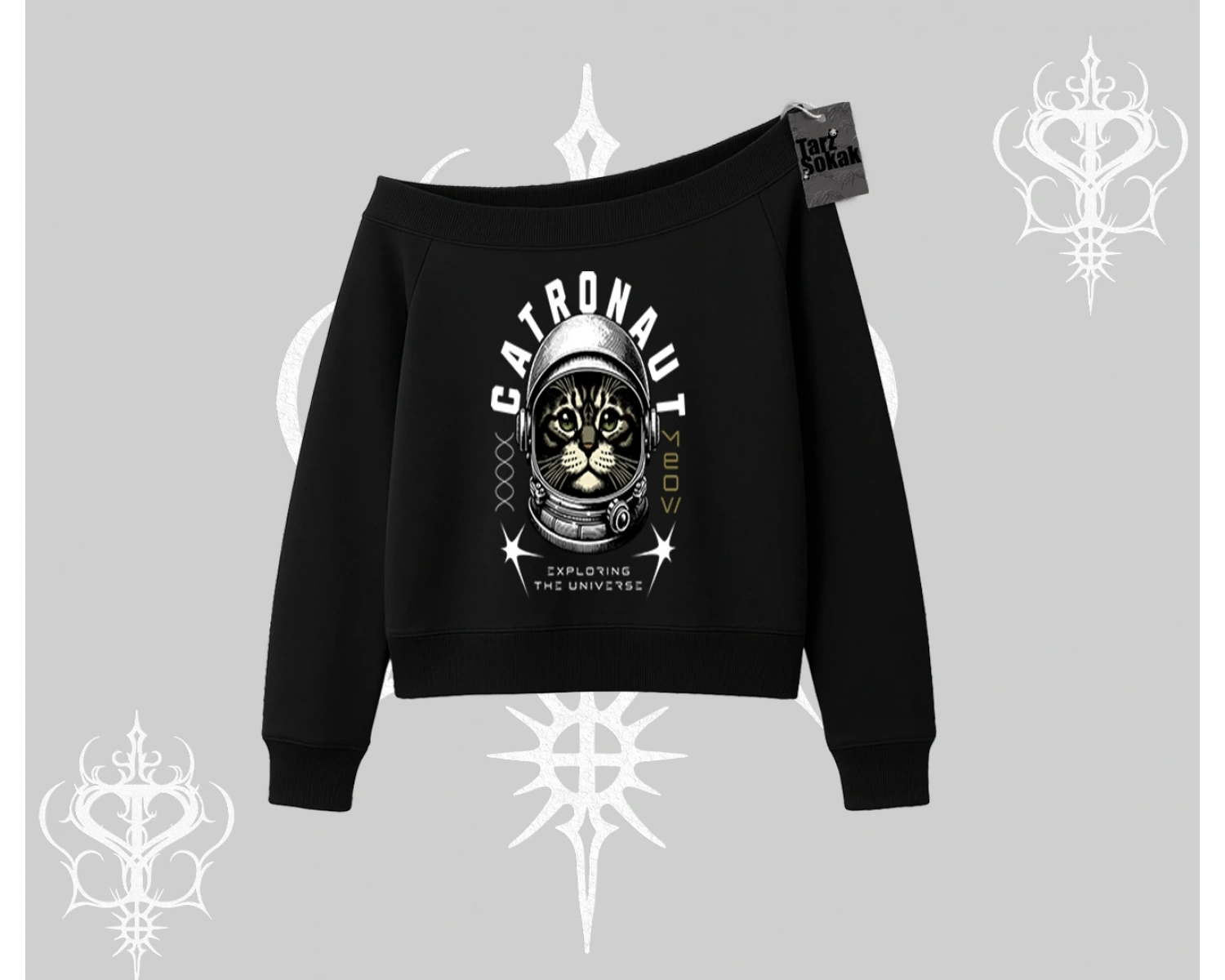 Stay Cool Kedi Baskılı Kapşonlu Crop Sweatshirt