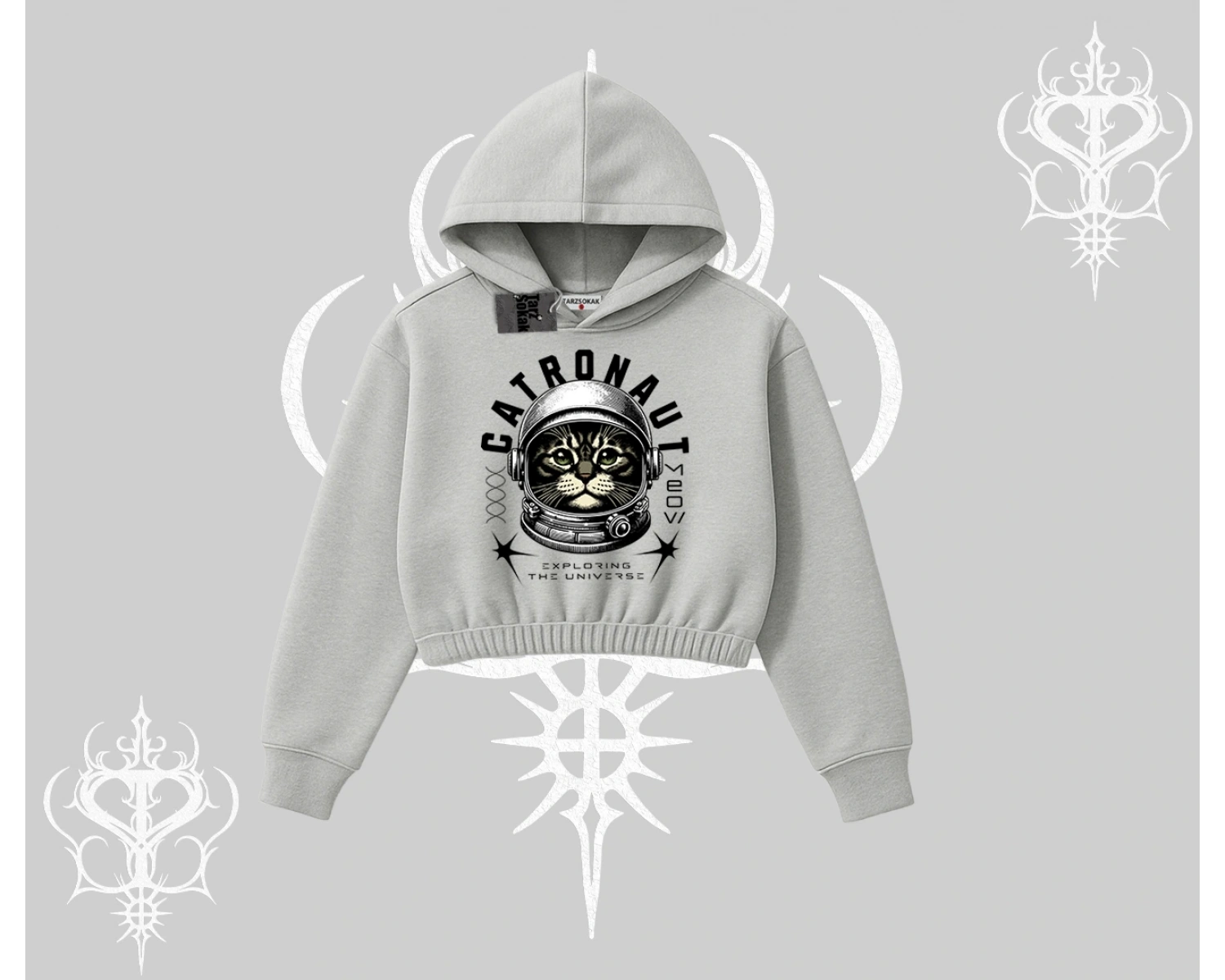 Stay Cool Kedi Baskılı Kapşonlu Crop Sweatshirt