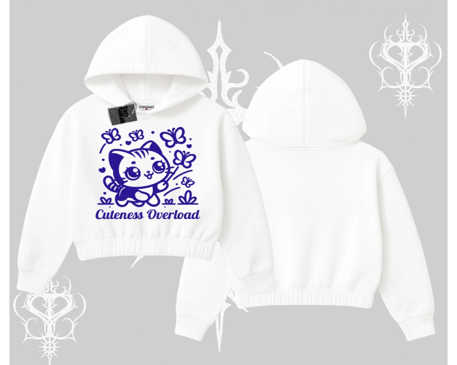 Stay Cool Kedi Baskılı Kapşonlu Crop Sweatshirt