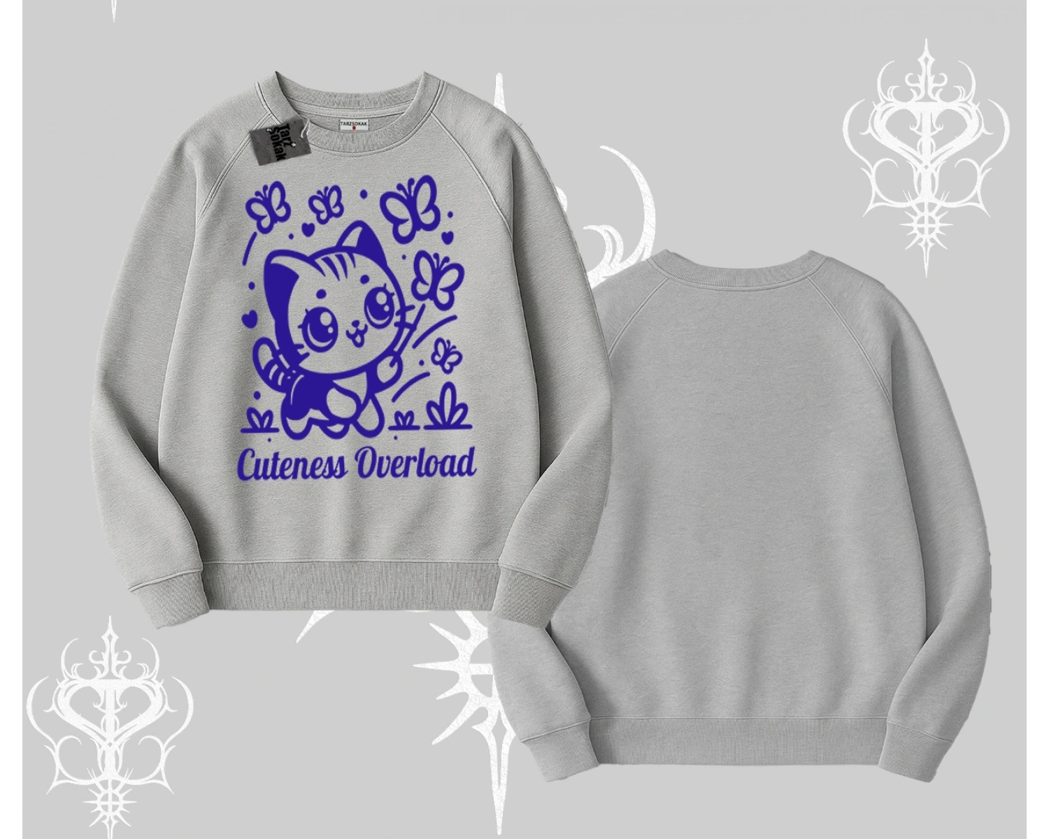 Stay Cool Kedi Baskılı Kapşonlu Crop Sweatshirt