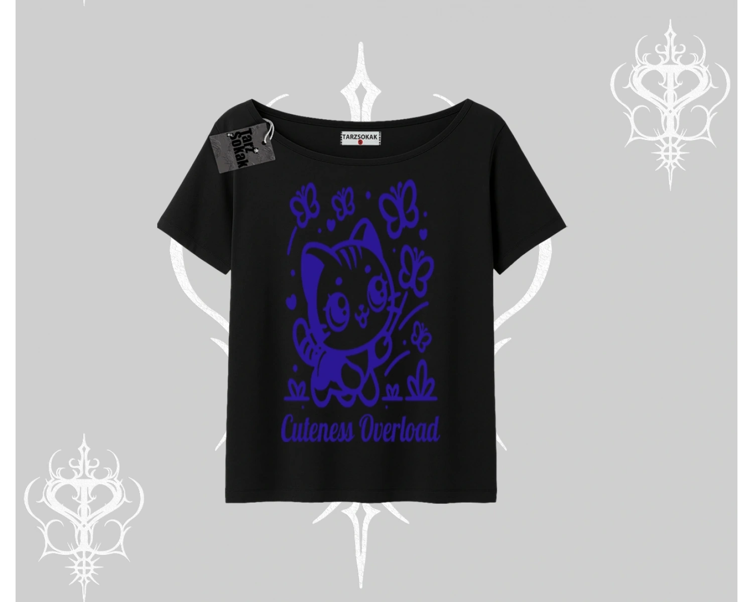 Stay Cool Kedi Baskılı Oversize Crop Tshirt