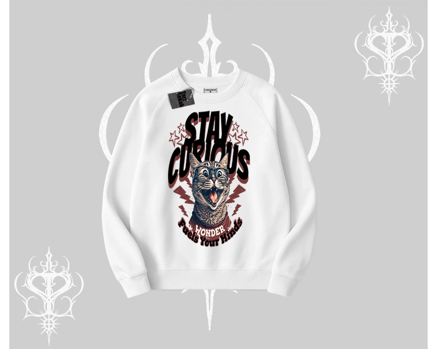 Stay Curious Kedi Baskılı Biskilet Sweatshirt