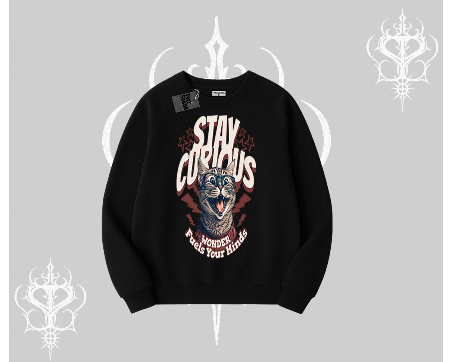 Stay Curious Kedi Baskılı Biskilet Sweatshirt