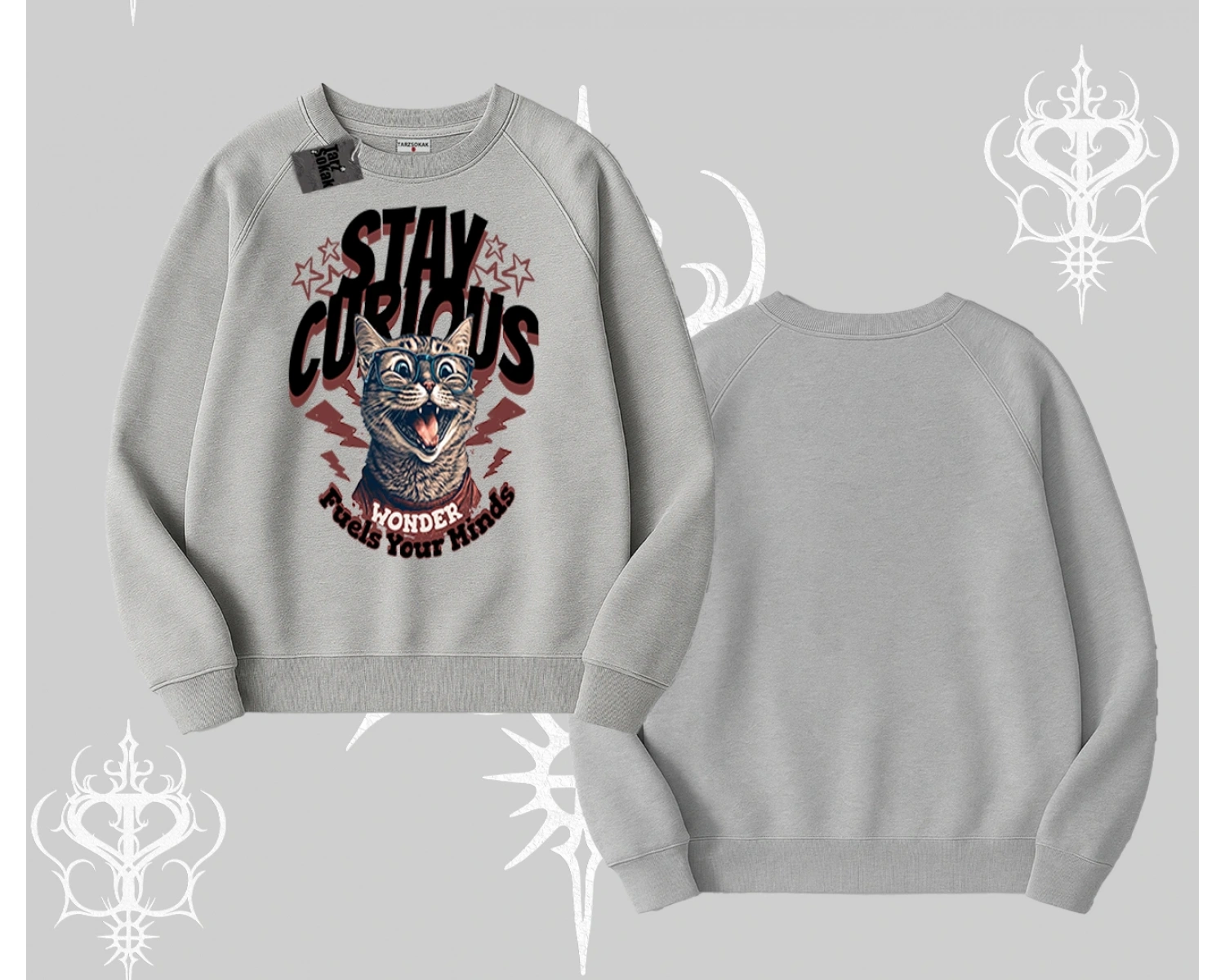 Stay Curious Kedi Baskılı Biskilet Sweatshirt