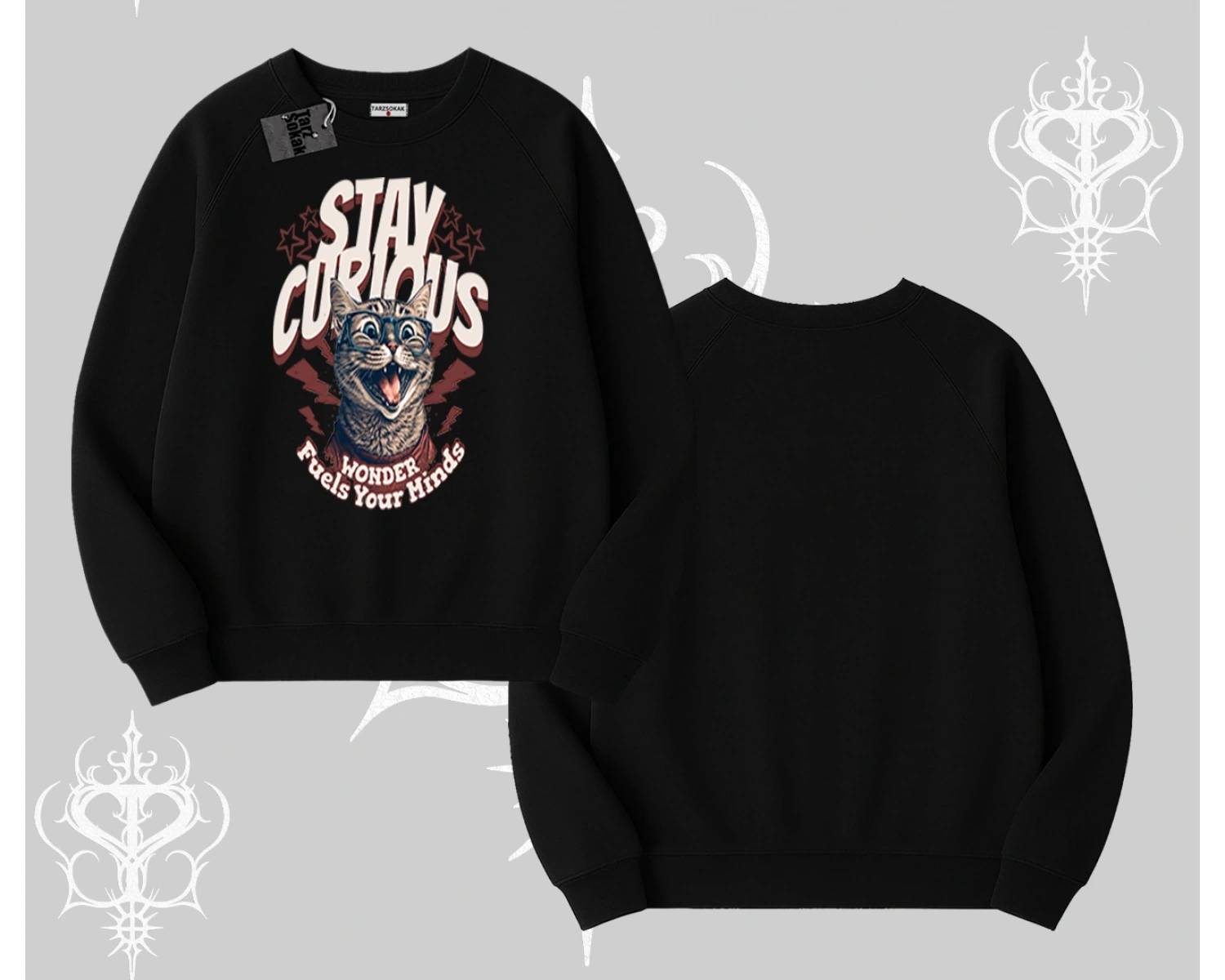 Stay Curious Kedi Baskılı Biskilet Sweatshirt