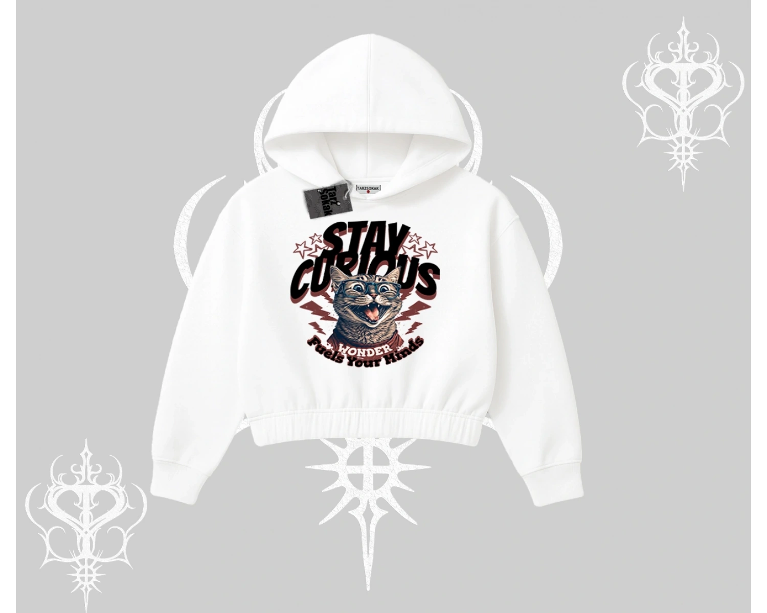 Stay Curious Kedi Baskılı Kapşonlu Crop Sweatshirt