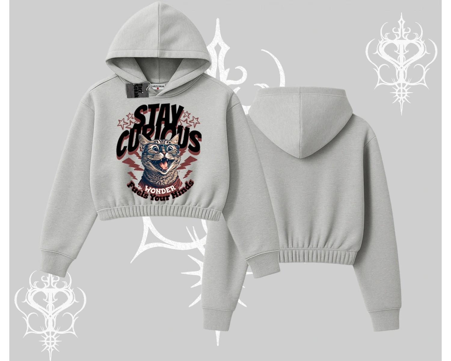 Stay Curious Kedi Baskılı Kapşonlu Crop Sweatshirt