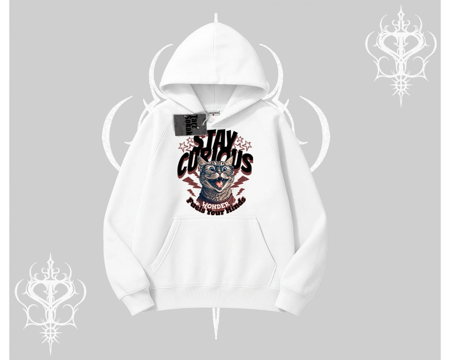 Stay Curious Kedi Baskılı Kapşonlu Sweatshirt