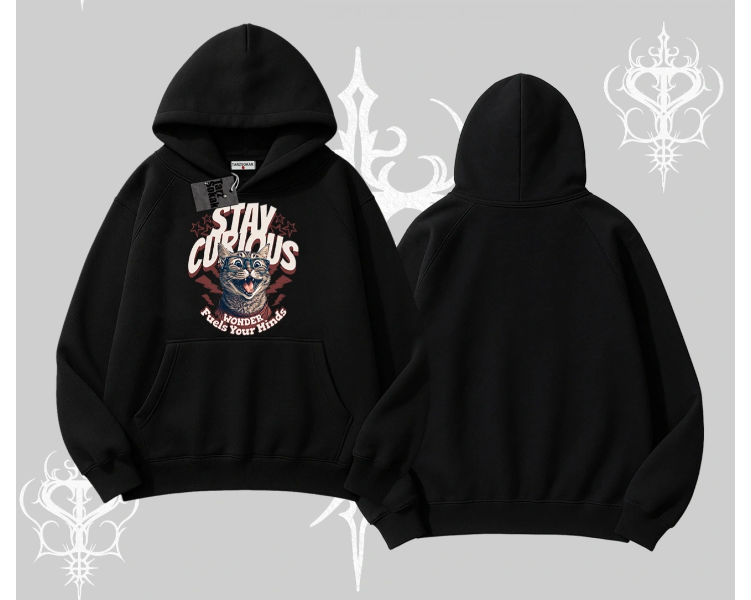 Stay Curious Kedi Baskılı Kapşonlu Sweatshirt