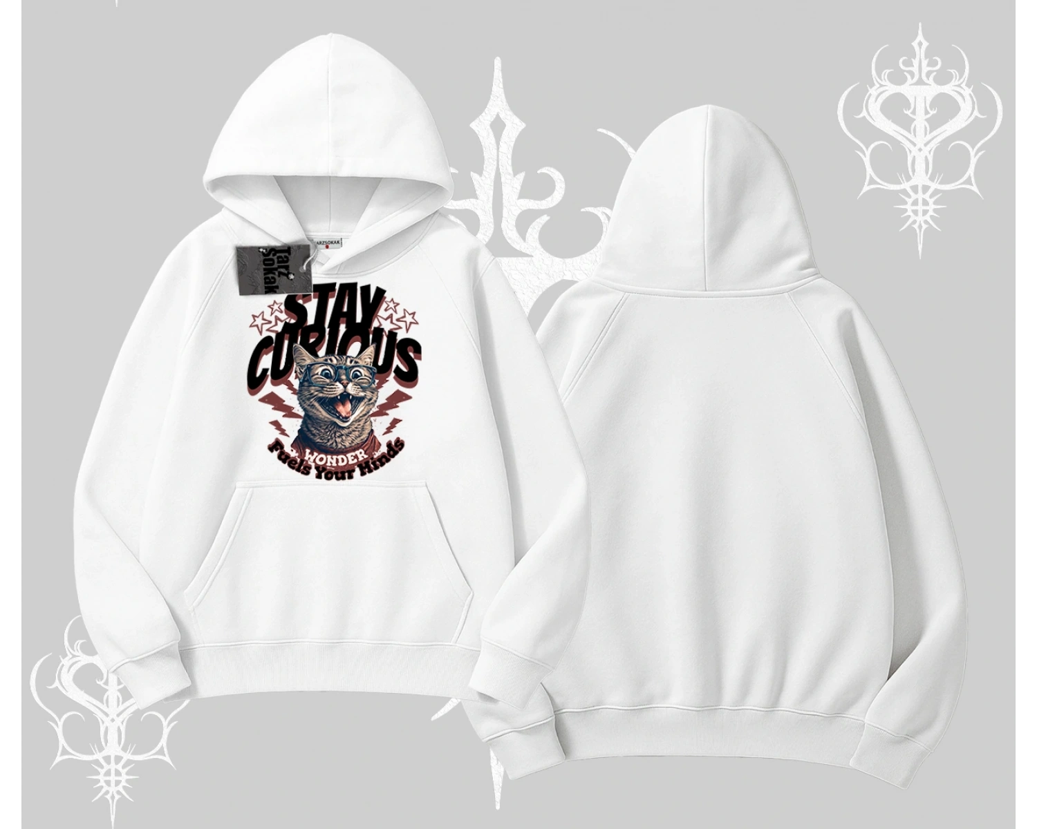 Stay Curious Kedi Baskılı Kapşonlu Sweatshirt