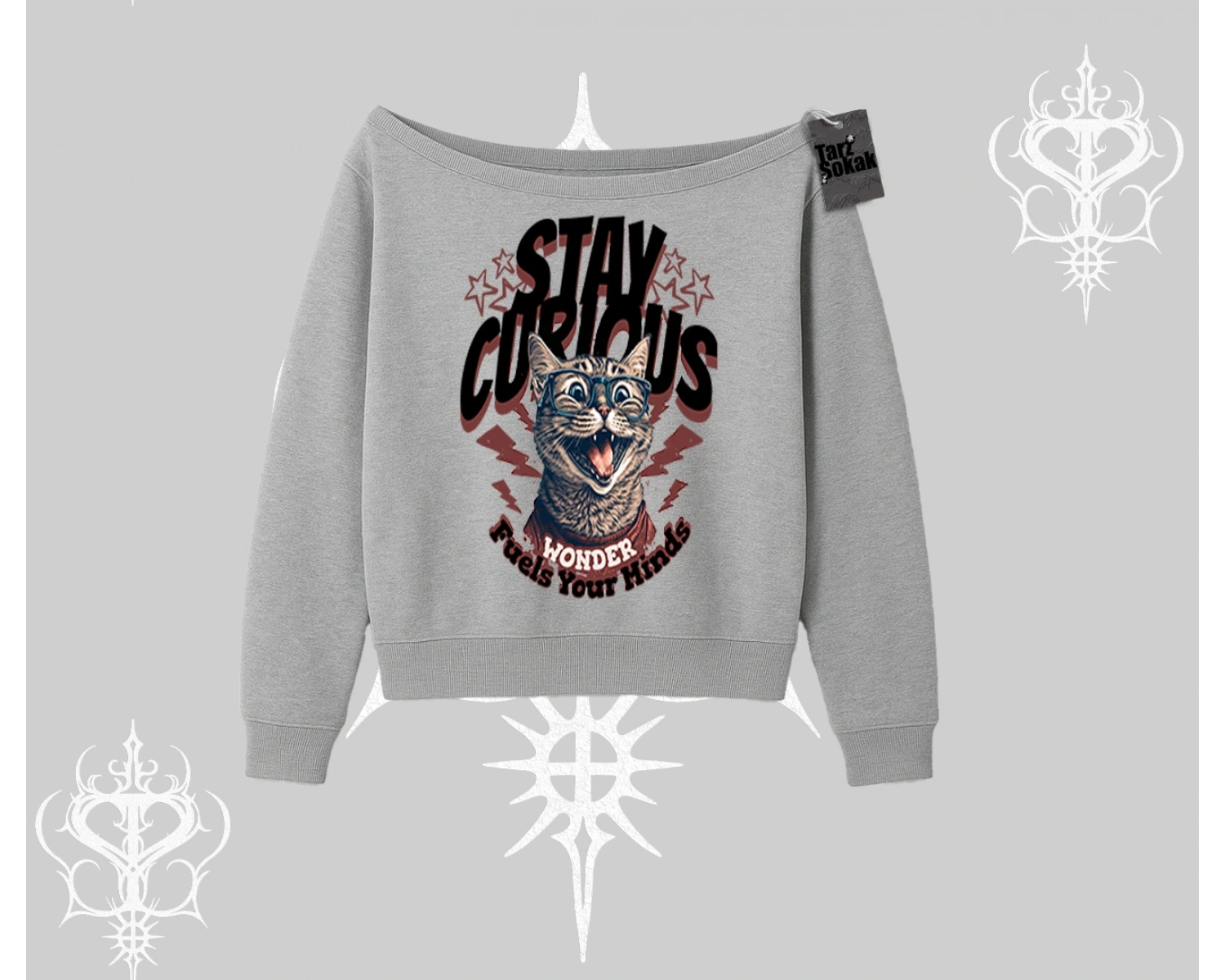 Stay Curious Kedi Baskılı Kayık Yaka Sweatshirt