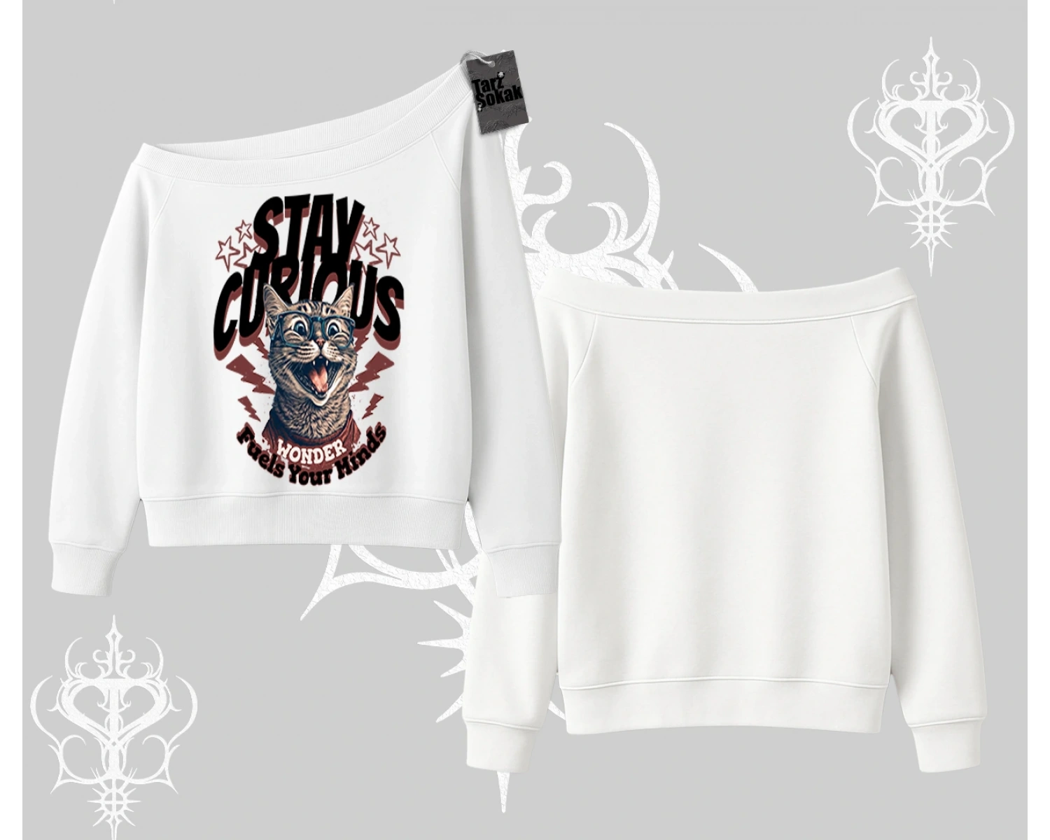Stay Curious Kedi Baskılı Kayık Yaka Sweatshirt