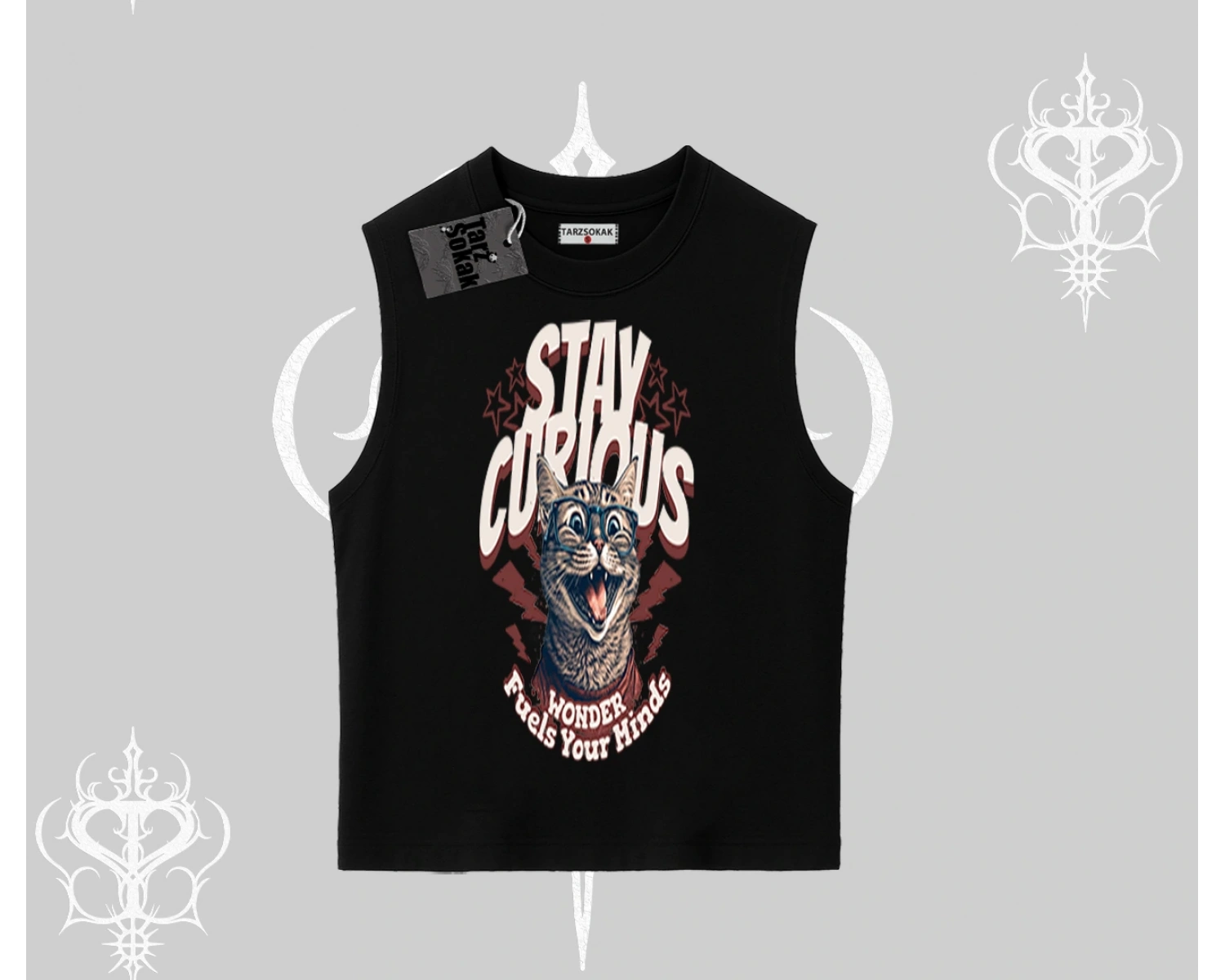 Stay Curious Kedi Baskılı Kolsuz Tshirt