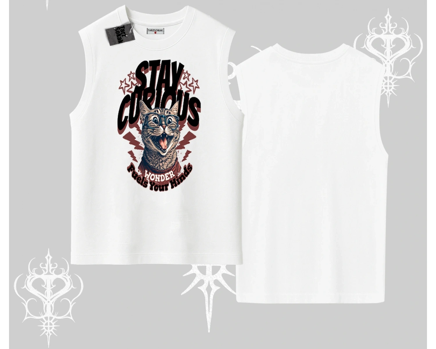 Stay Curious Kedi Baskılı Kolsuz Tshirt