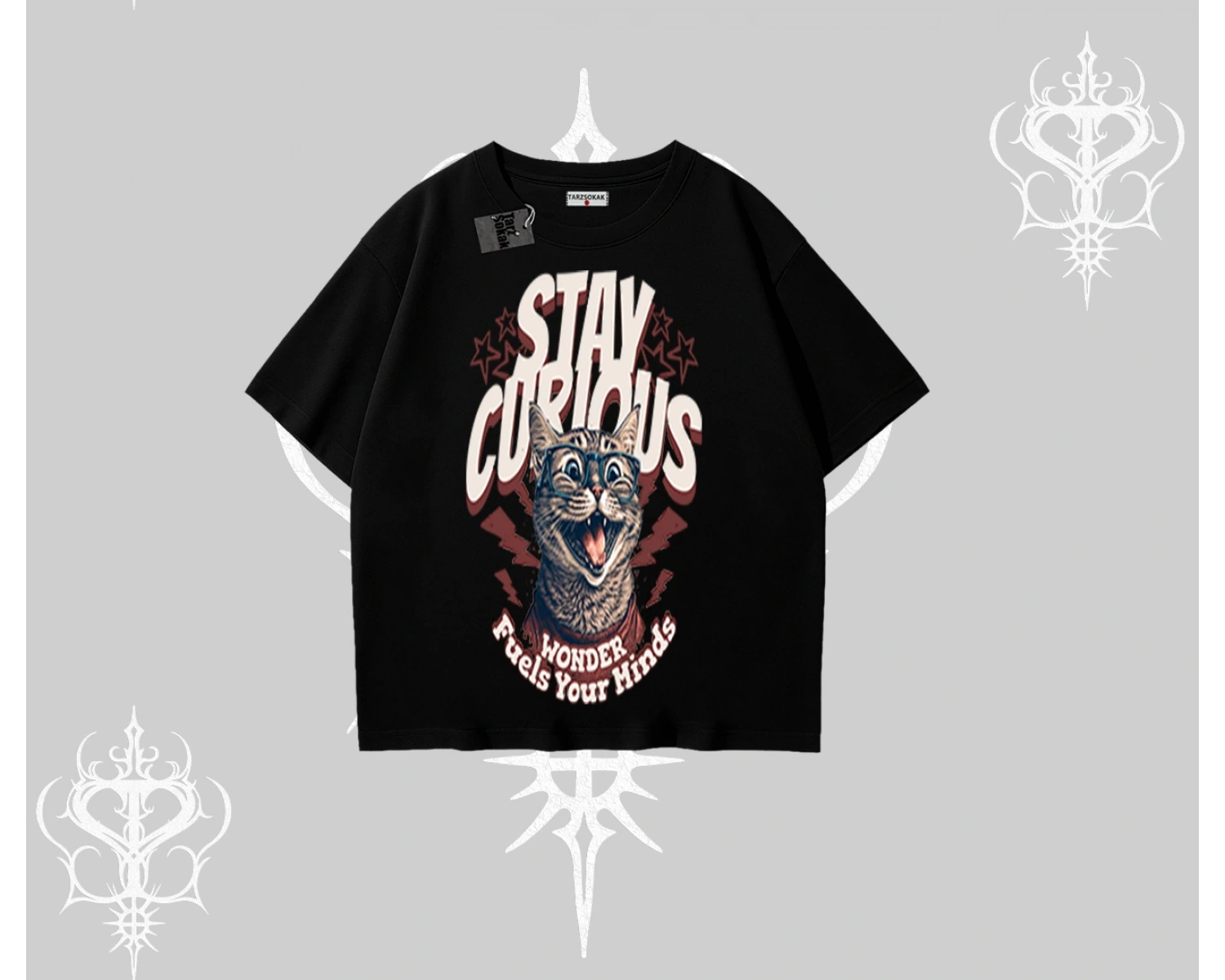 Stay Curious Kedi Baskılı Oversize Tshirt