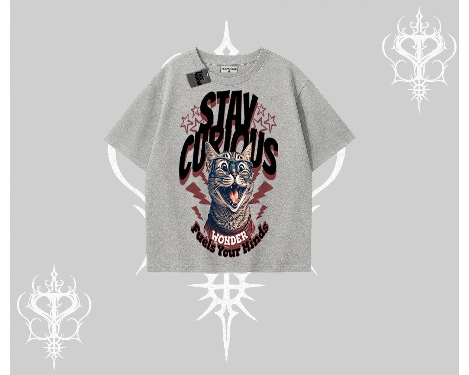 Stay Curious Kedi Baskılı Oversize Tshirt