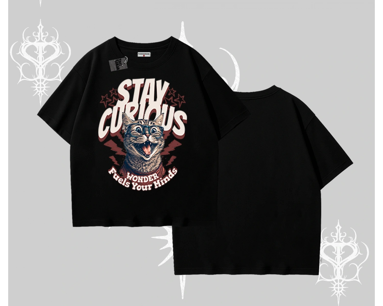 Stay Curious Kedi Baskılı Oversize Tshirt