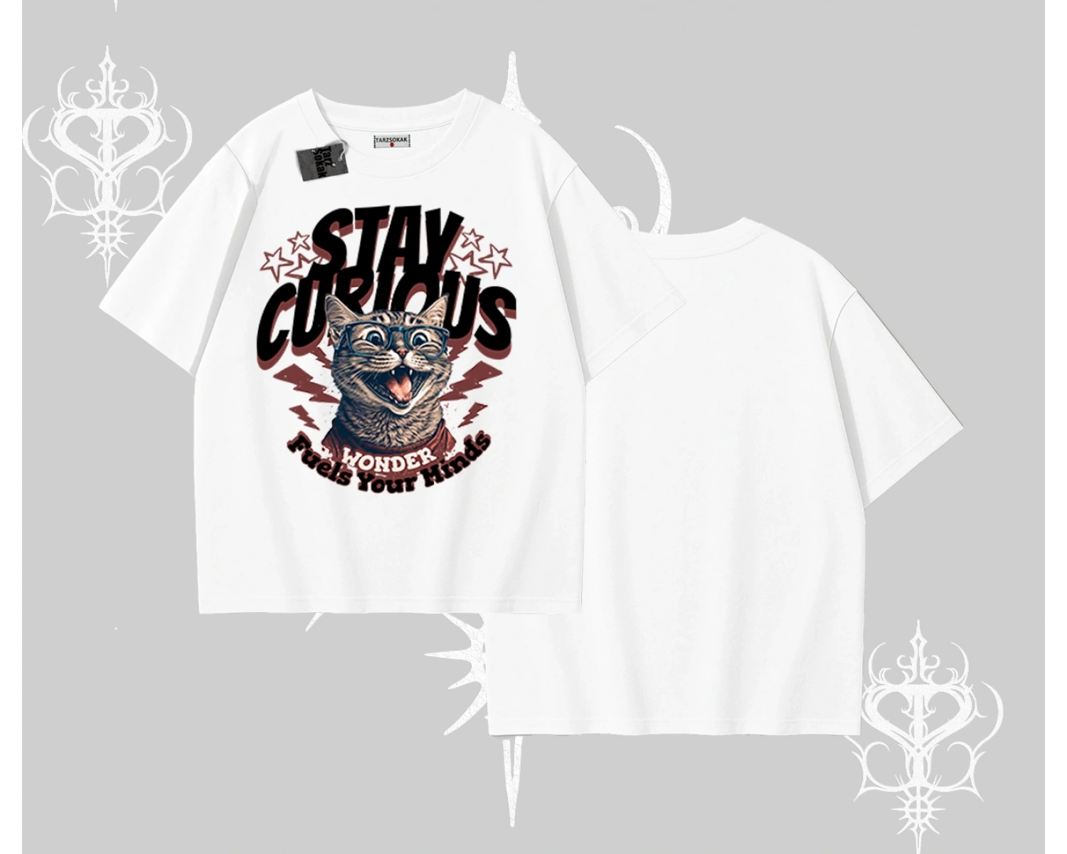 Stay Curious Kedi Baskılı Oversize Tshirt