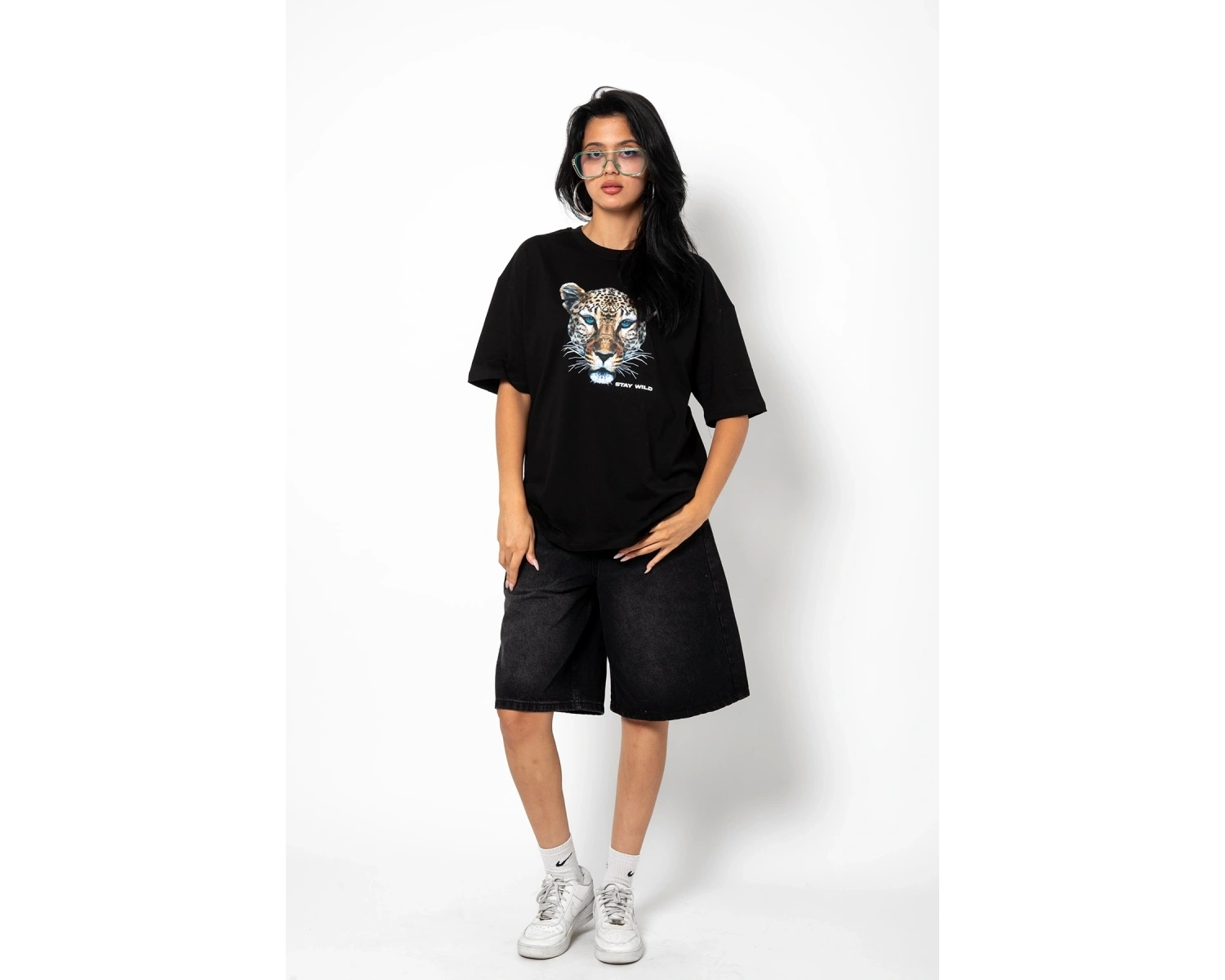 Stay Wild Leopar Siluet Baskılı Oversize Unisex Beyaz