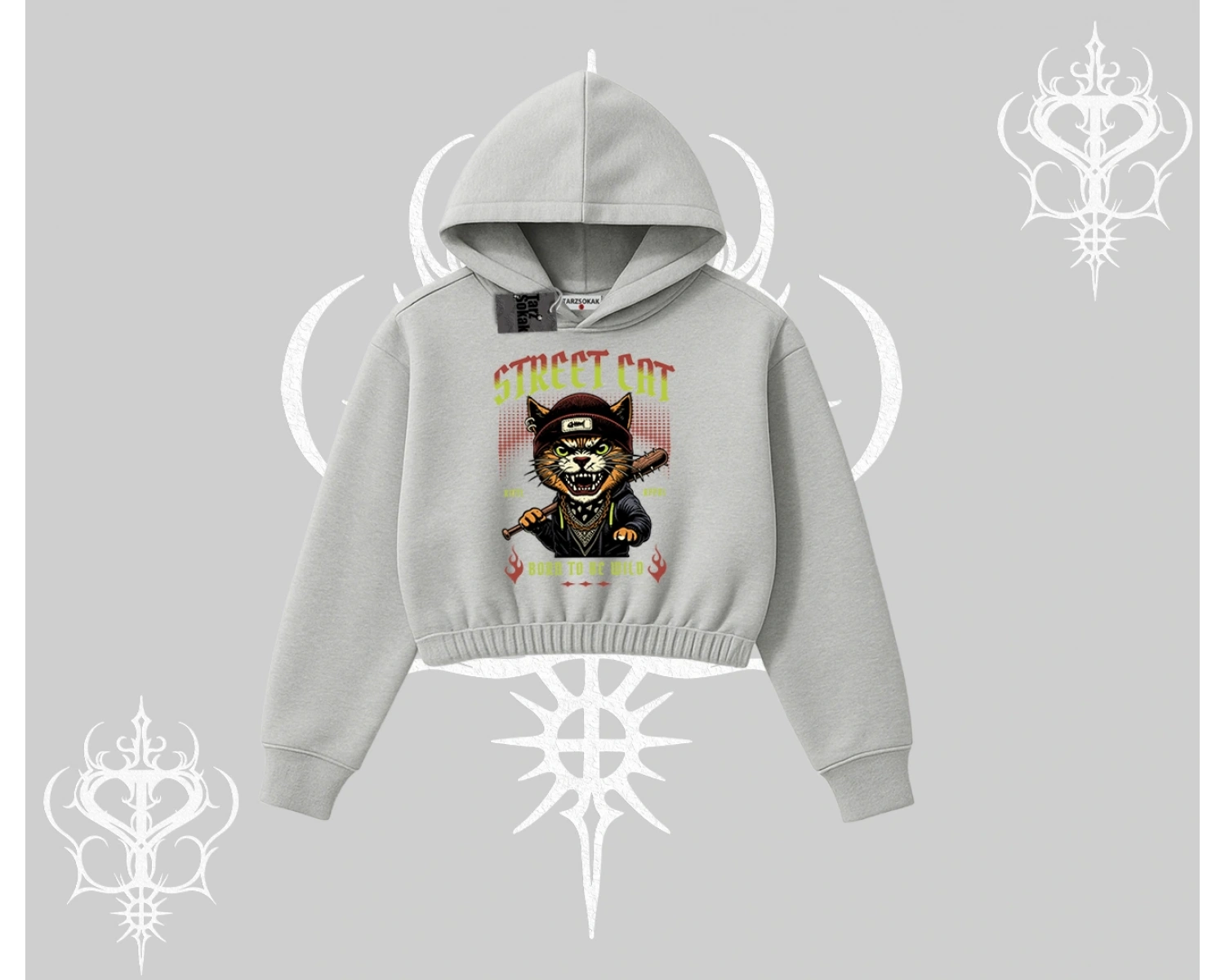 Street Cat Kedi Baskılı Kapşonlu Crop Sweatshirt