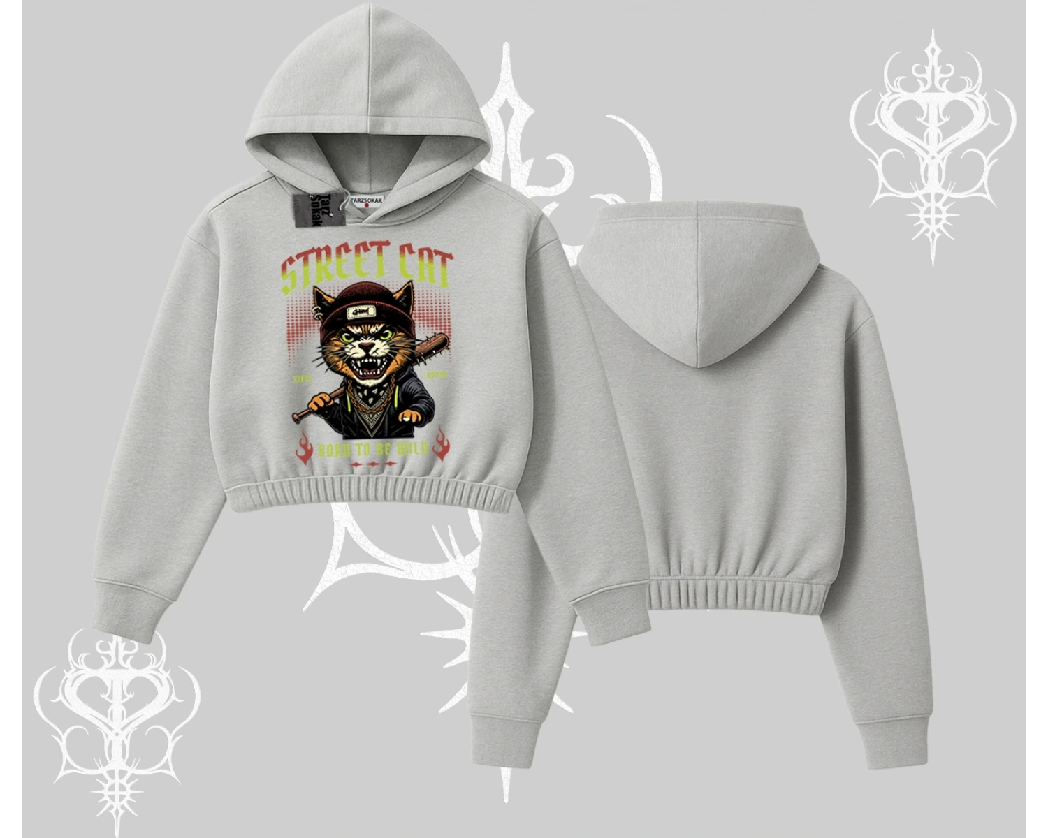 Street Cat Kedi Baskılı Kapşonlu Crop Sweatshirt