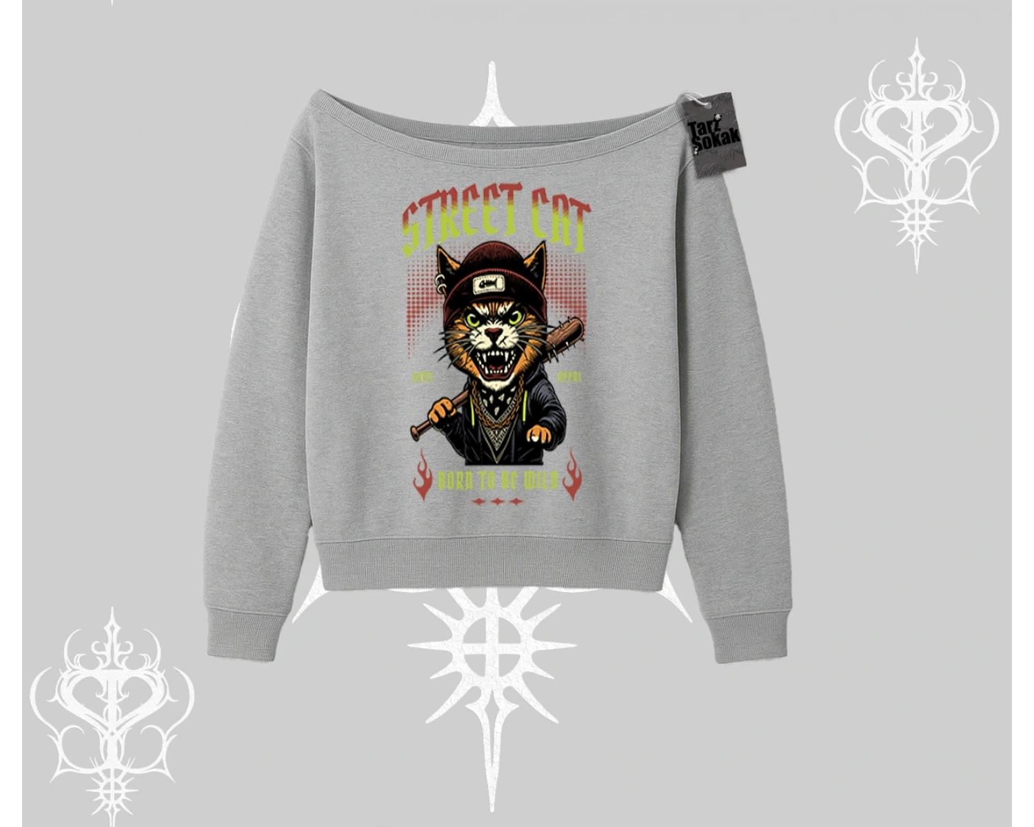 Street Cat Kedi Baskılı Kayık Yaka Sweatshirt