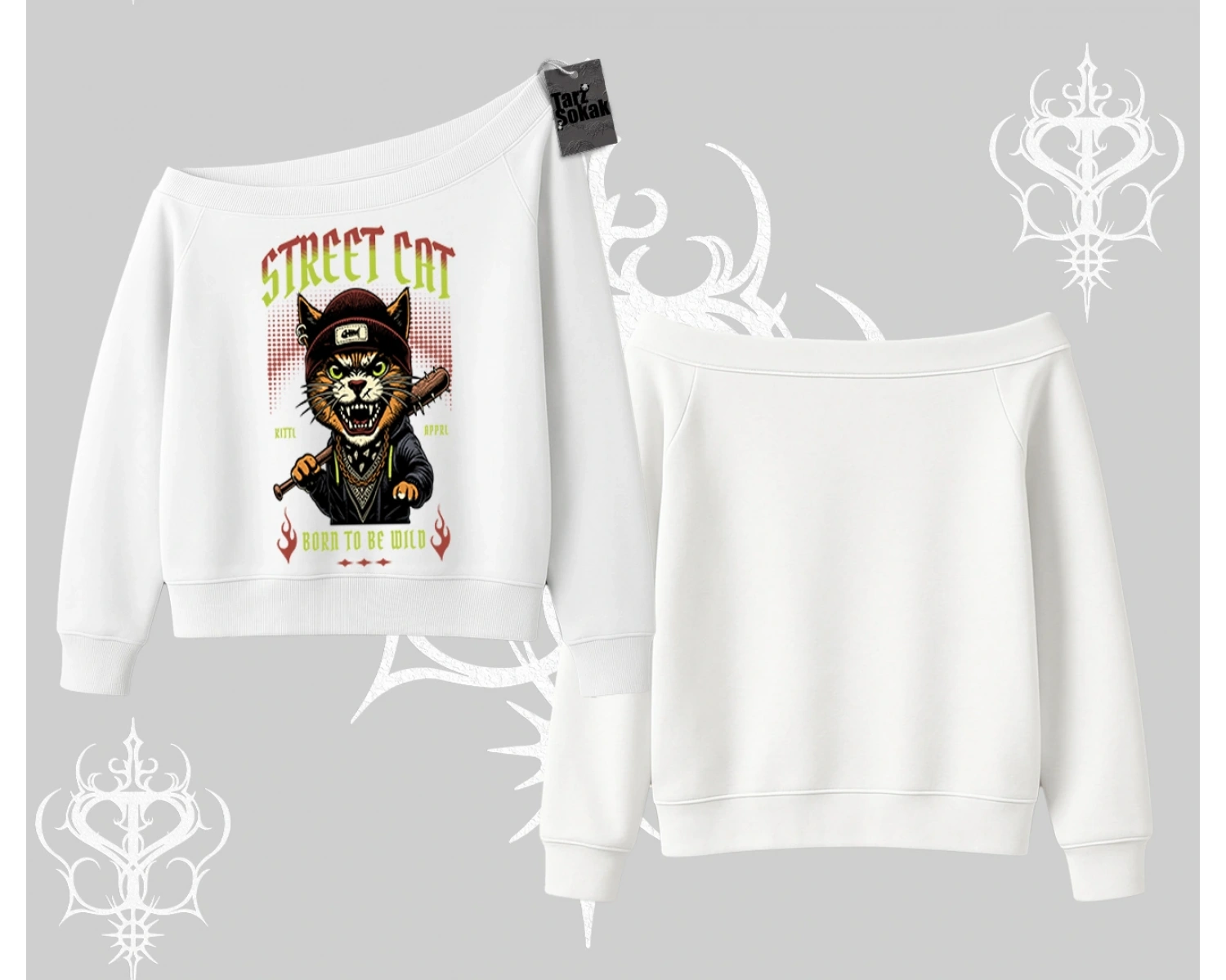 Street Cat Kedi Baskılı Kayık Yaka Sweatshirt