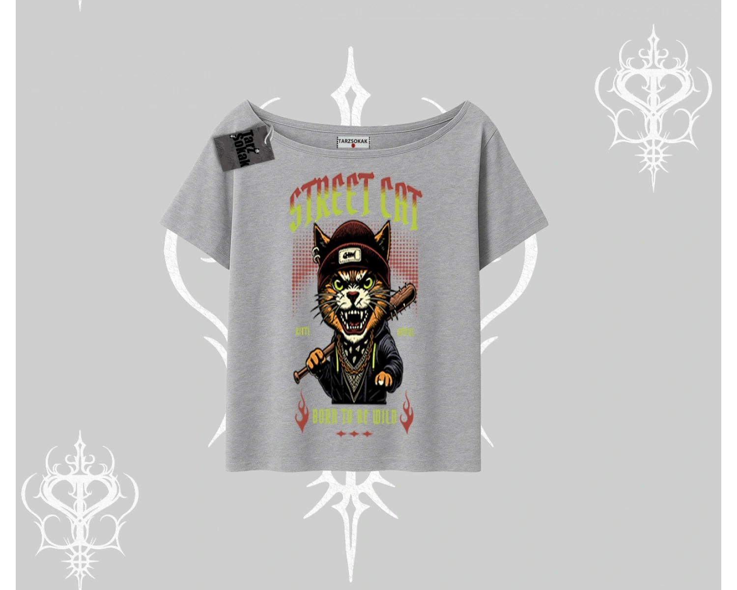 Street Cat Kedi Baskılı Kayık Yaka Tshirt