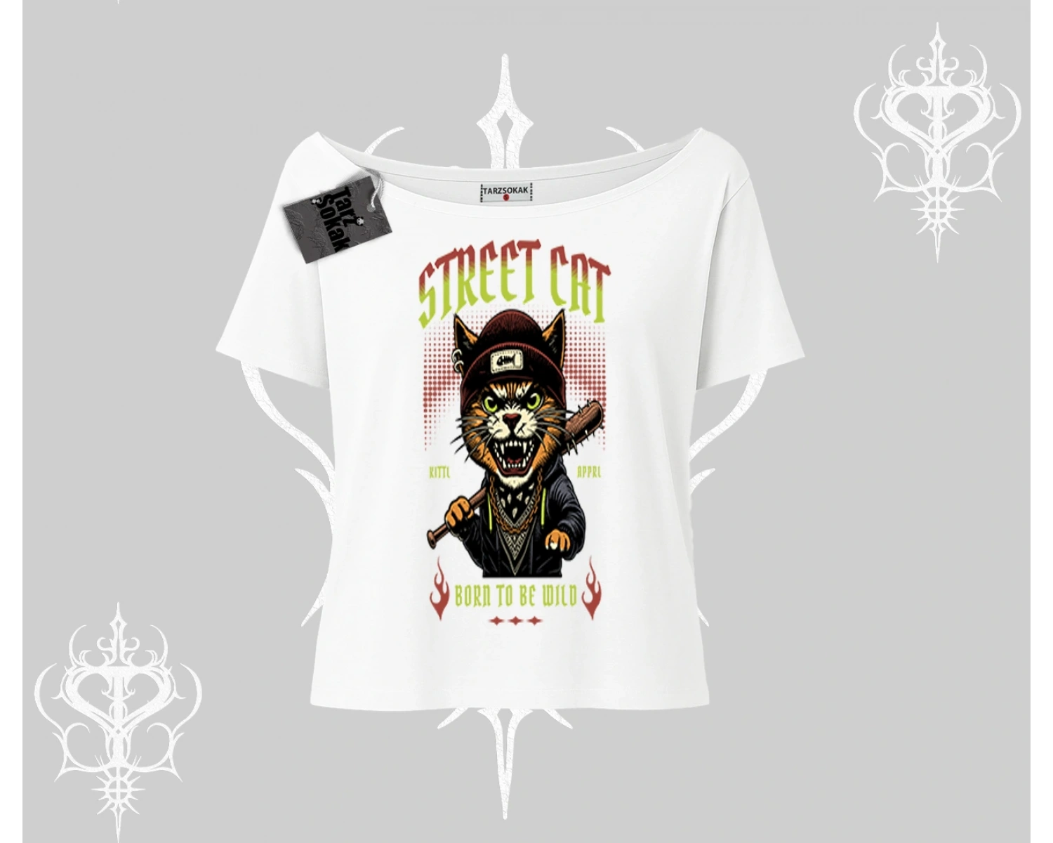 Street Cat Kedi Baskılı Kayık Yaka Tshirt