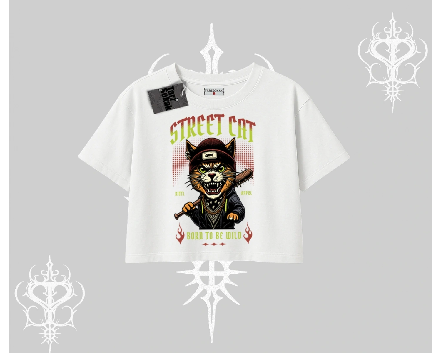 Street Cat Kedi Baskılı Oversize Crop Tshirt