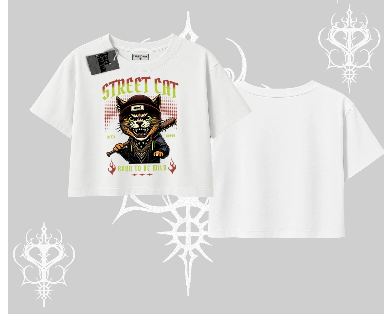 Street Cat Kedi Baskılı Oversize Crop Tshirt