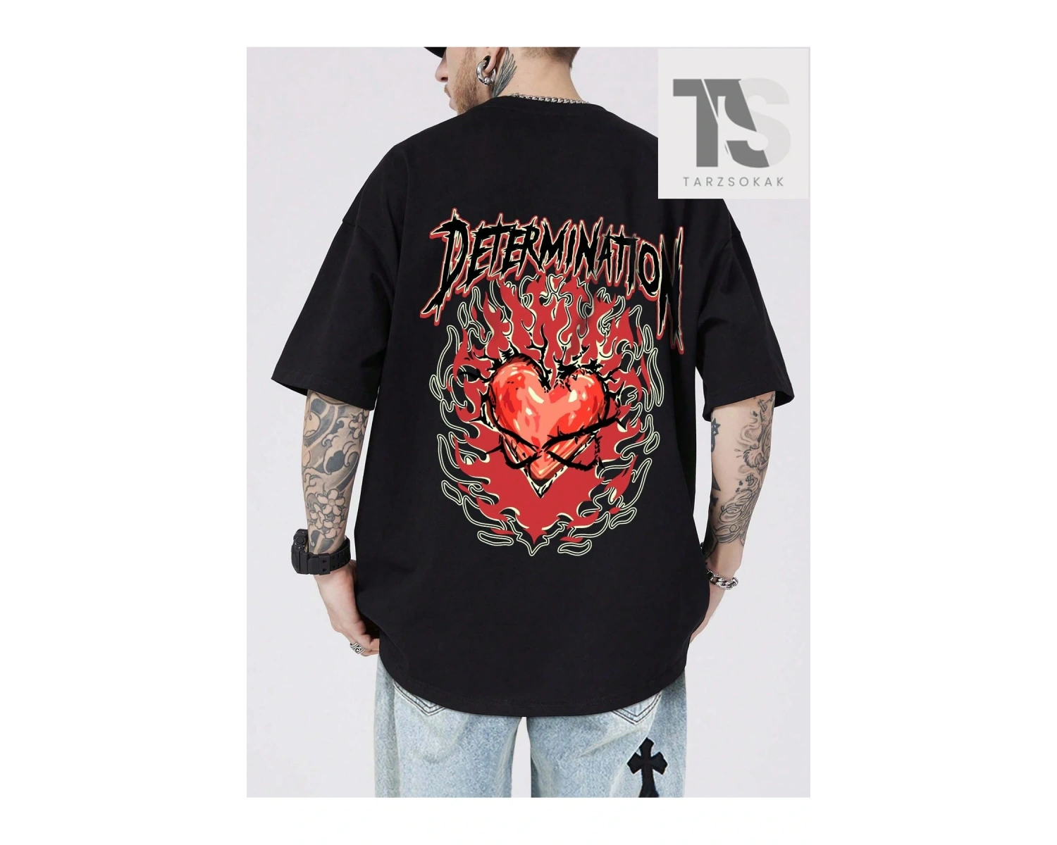 Street Life Erkek Harf Ve Kalp Baskılı Düşük Omuz T-shirt