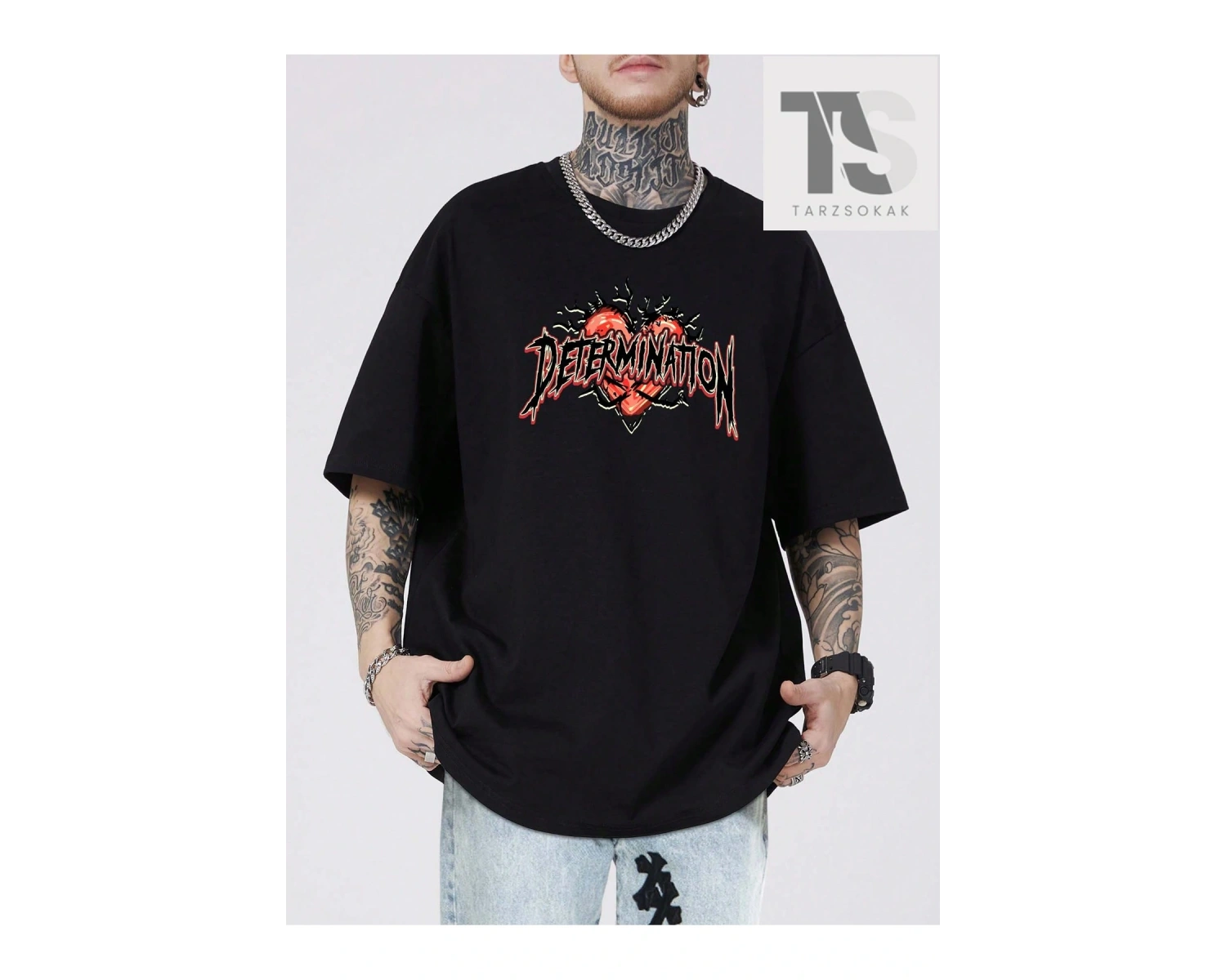 Street Life Erkek Harf Ve Kalp Baskılı Düşük Omuz T-shirt