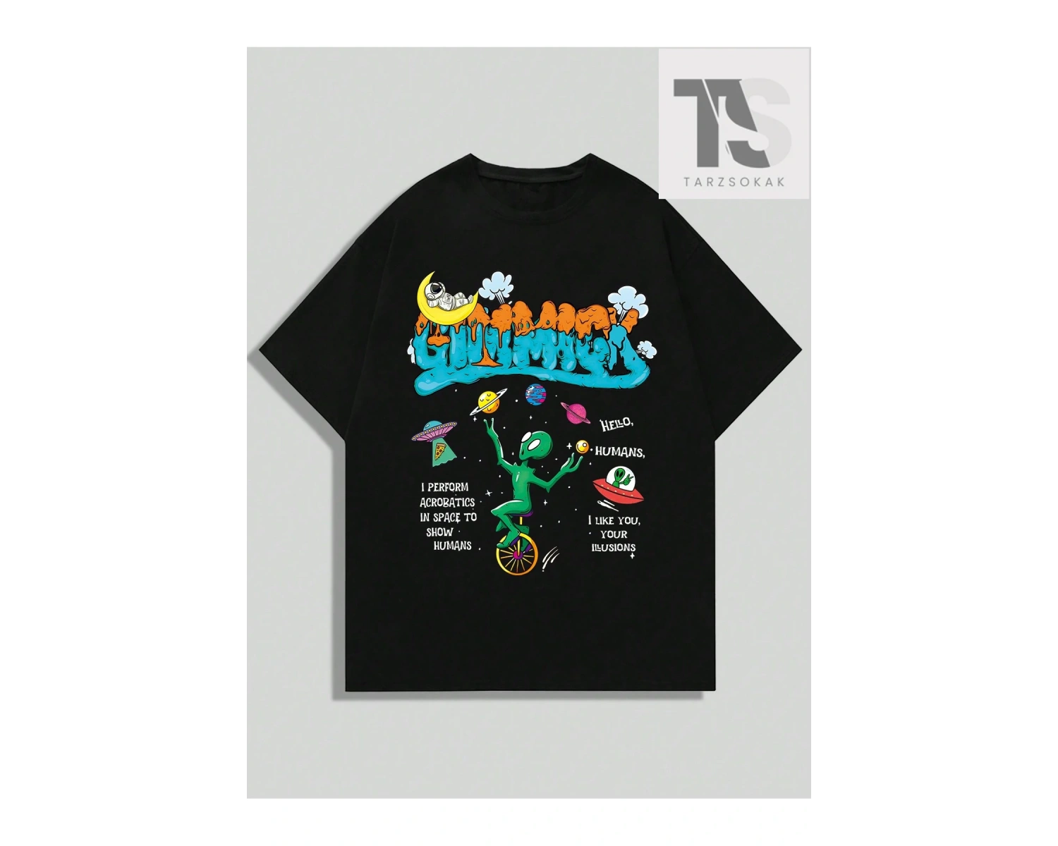 Street Life Erkek Karikatür Uzaylı Baskılı Yuvarlak Yaka Günlük Tişört