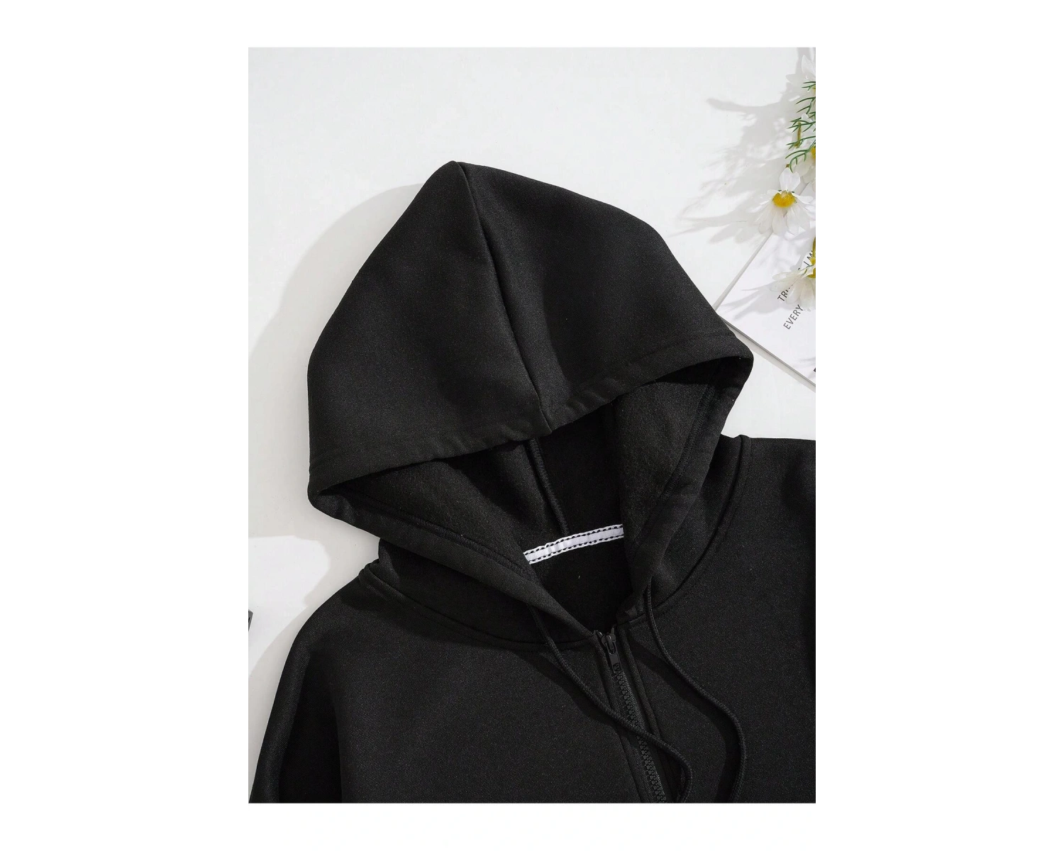 Sun & Moon Print Zip Up Drawstring Lined Hoodie Siyah