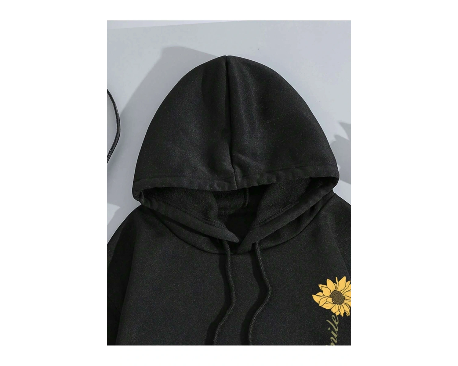 Sunflower Print Kangaroo Pocket Drawstring Hoodie Siyah