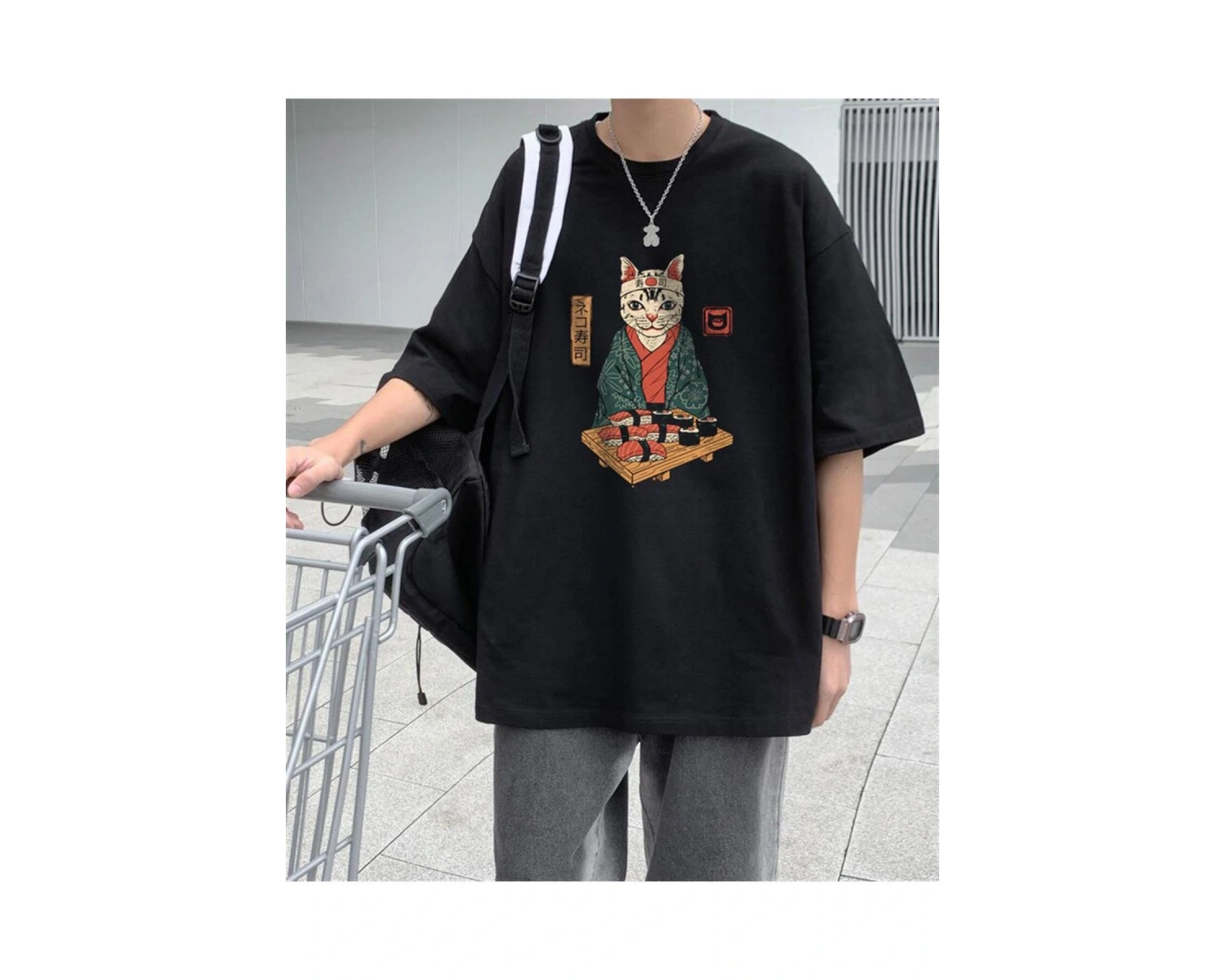 Sushi Cat Siyah Unisex Oversize