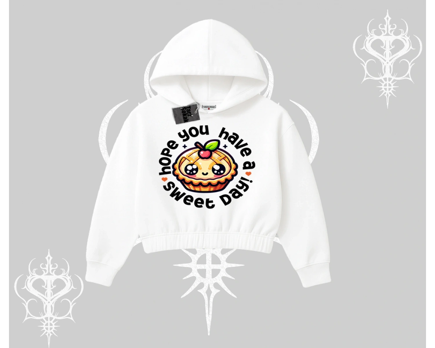 Sweet Day Cupcake Baskılı Kapşonlu Crop Sweatshirt