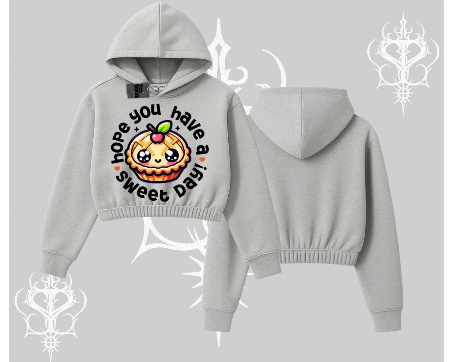 Sweet Day Cupcake Baskılı Kapşonlu Crop Sweatshirt