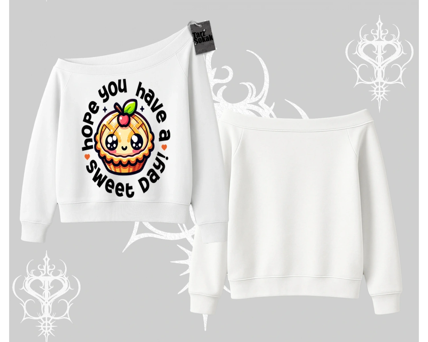 Sweet Day Cupcake Baskılı Kayık Yaka Sweatshirt