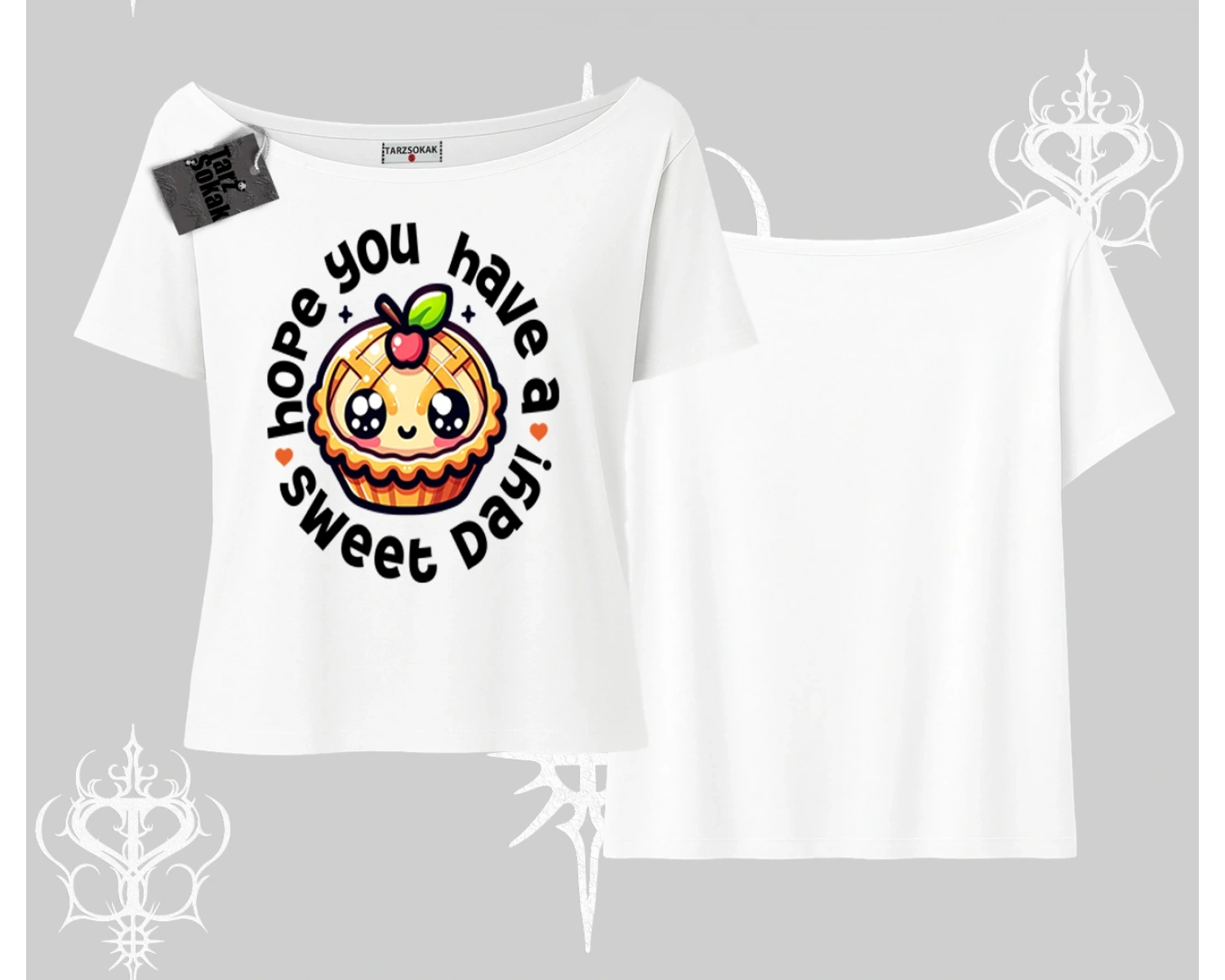 Sweet Day Cupcake Baskılı Kayık Yaka Tshirt