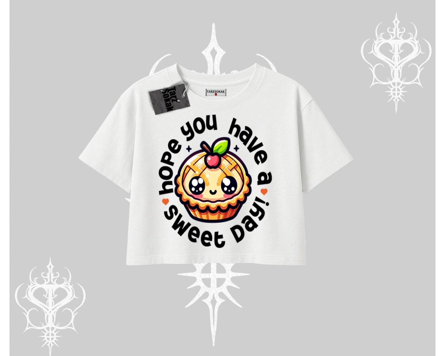 Sweet Day Cupcake Baskılı Oversize Crop Tshirt