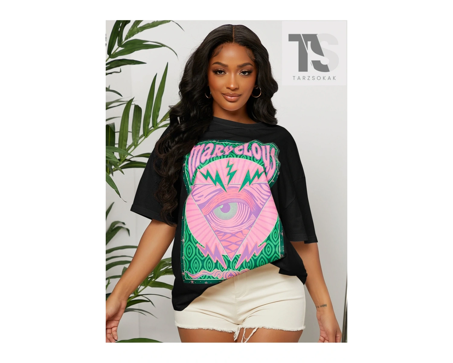 SXY Düşük Omuzlu Harfli ve Göz Desenli Üst