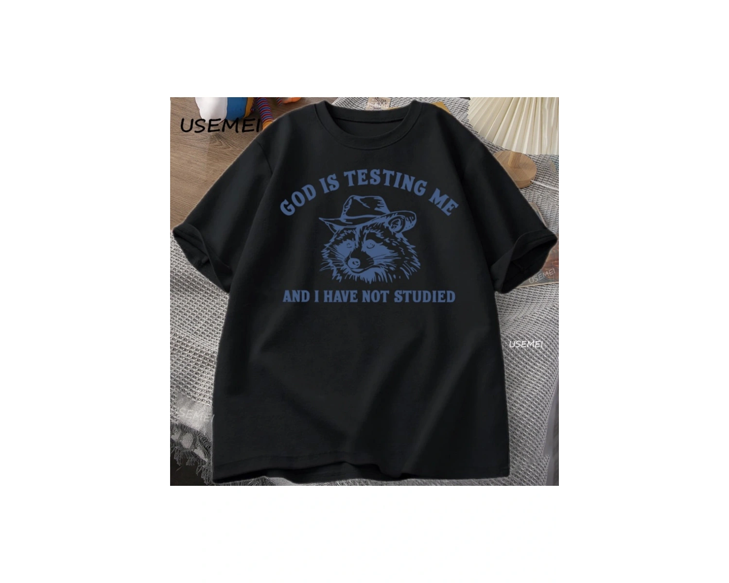 Tanrı Bana Test Ediyor Komik Rakun T-shirt Erkekler Kadınlar için Baskılı Gevşek Rahat Rahat 3076