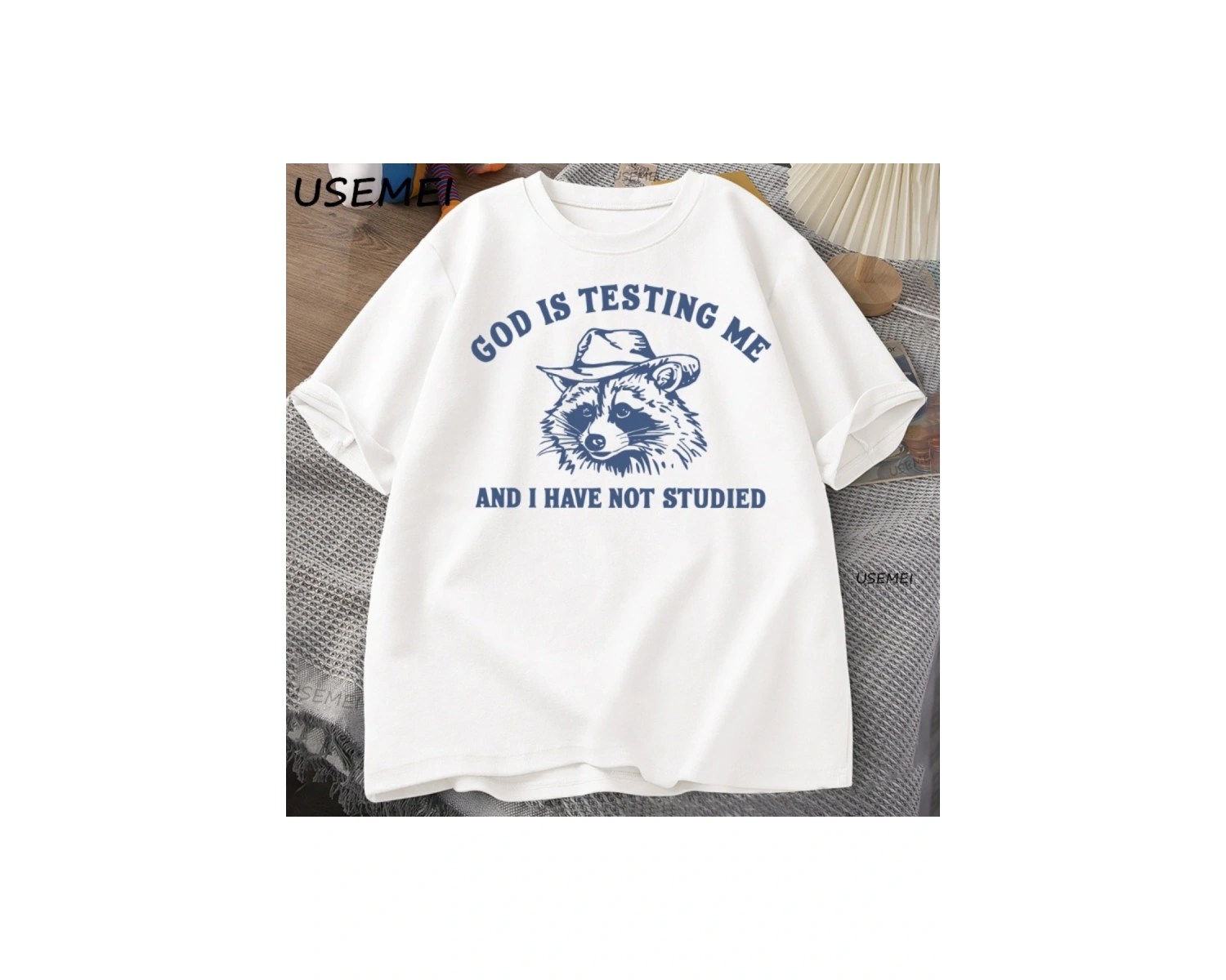 Tanrı Bana Test Ediyor Komik Rakun T-shirt Erkekler Kadınlar için Baskılı Gevşek Rahat Rahat 3076