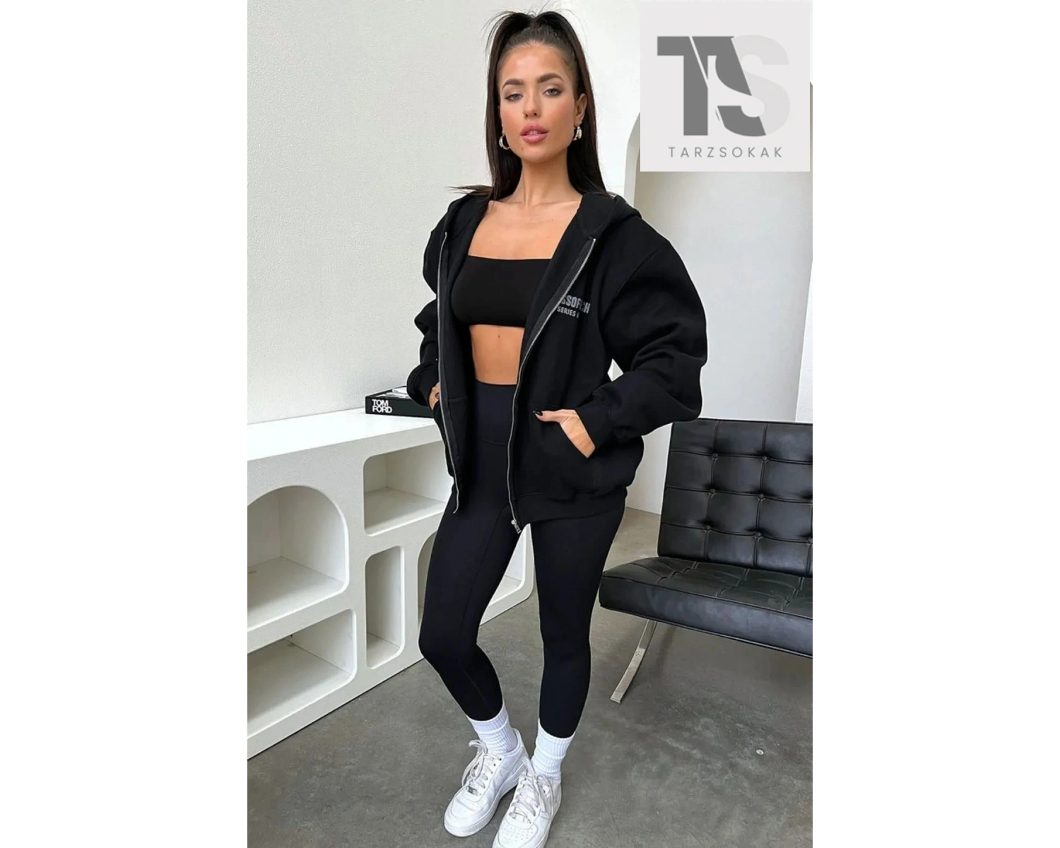 Thatssofetch Series 6 Baskılı Örme Pamuk 2 iplik Siyah Fermuarlı Hırka