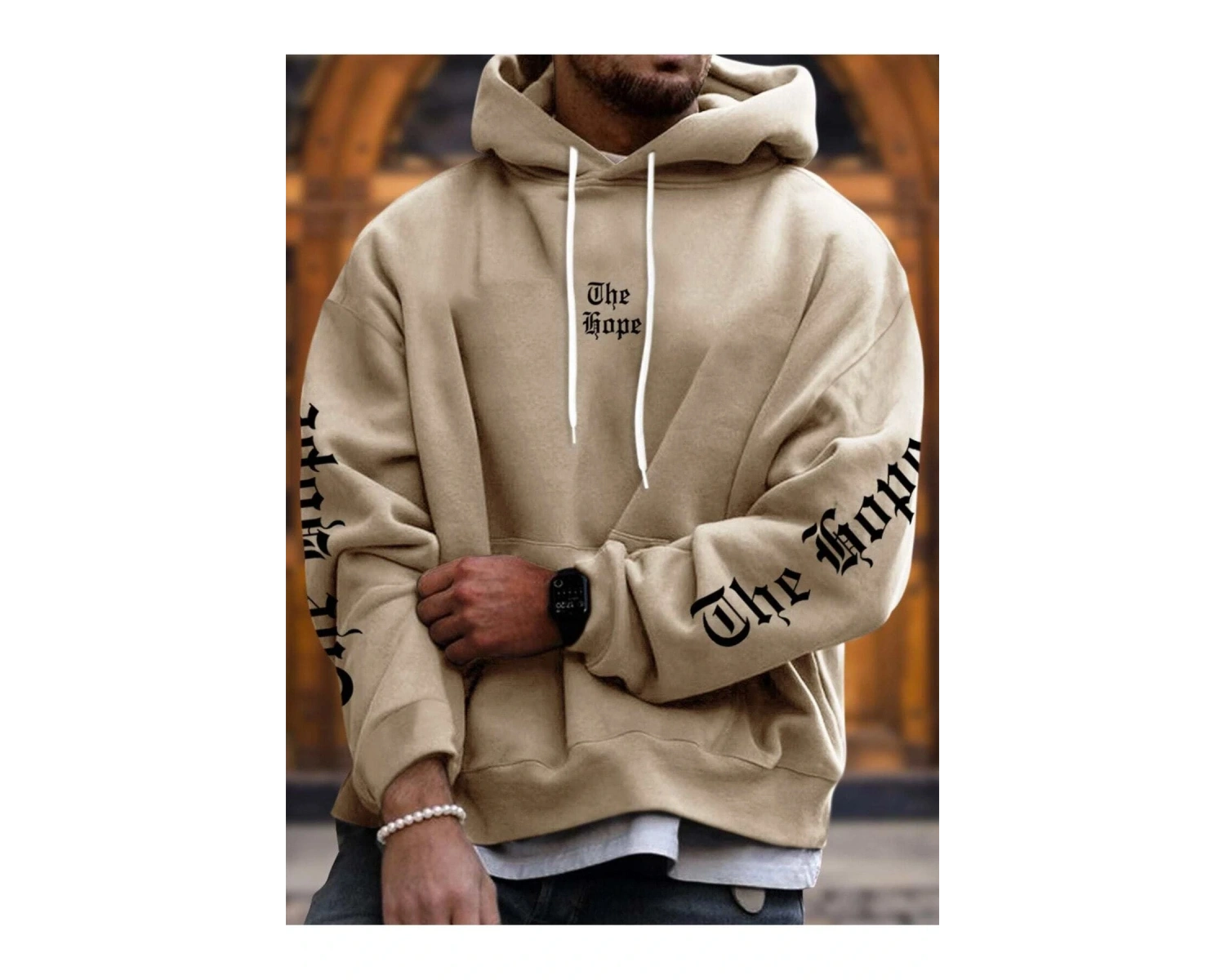 The Hope Renkli Baskılı Oversize Kapüşonlu Sweatshirt Bej