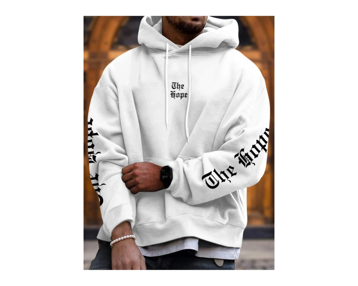 The Hope Renkli Baskılı Oversize Kapüşonlu Sweatshirt Beyaz